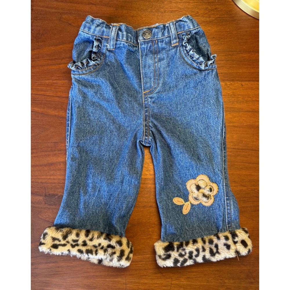 Baby Girl Y2K Denim Jeans Leopard Faux Fur Cuffs Applique Ruffle Pockets 6-9M